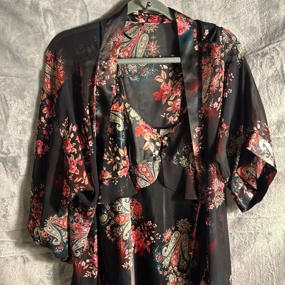 slip nightgown dress matching robe floral black size 10/12 m Y2K romantic nighty
